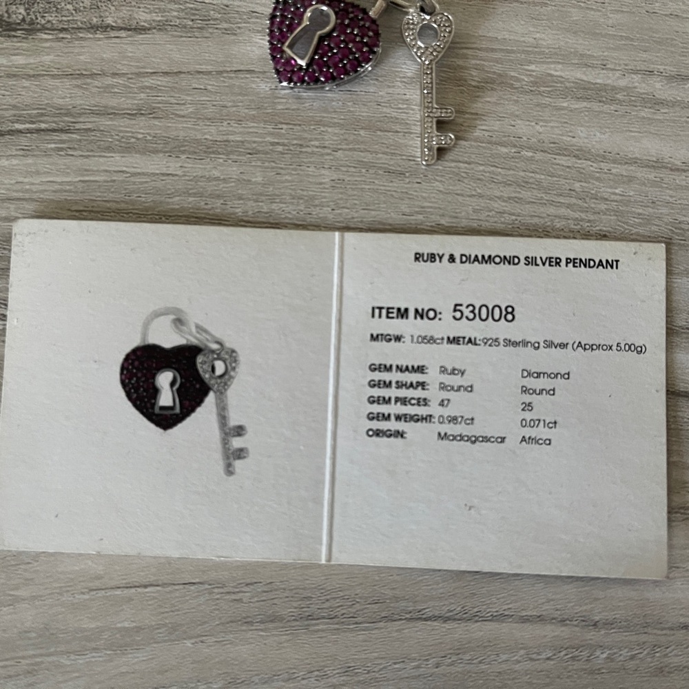 Heart Lock and Key Pendant Ruby Diamond Silver Pendant - Picture 4 of 8